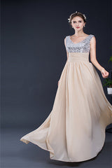 A Line V-Neck Sleeveless Sequins Chiffon Floor Length Prom Dresses