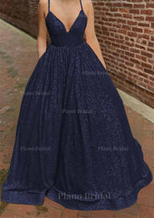 A Line V Neck Sleeveless Sweep Train Sequined Prom Dress With Pockets