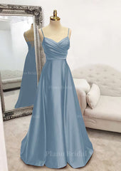 A Line V Neck Spaghetti Straps Long Floor Length Satin Prom Dress With Pleated