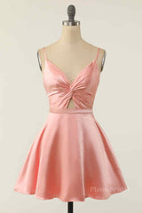 A-line V Neck Twist Knot Cut-Out Pleated Mini Homecoming Dress