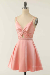 A-line V Neck Twist Knot Cut-Out Pleated Mini Homecoming Dress