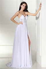A-line White Evening Dresses Straps Chiffon Long Formal Dresses