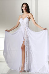 A-line White Evening Dresses Straps Chiffon Long Formal Dresses