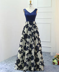 Stylish Dark Blue A Line V Neck Long Prom Dress, Dark Blue Evening Dress