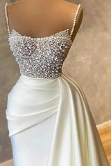 Amazing Long Mermaid Strapless Sequins Pearls Satin Formal Prom Dresses