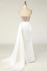 Amazing Long Mermaid Strapless Sequins Pearls Satin Formal Prom Dresses