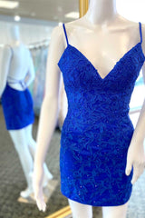 Royal Blue Appliqu¨¦s Backless Mini Homecoming Dress