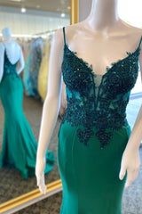 Straps Green Appliques Mermaid Long Formal Dress
