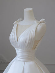 White V-Neck Satin Long Formal Dress, Elegant A-Line Wedding Party Dress