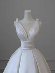 White V-Neck Satin Long Formal Dress, Elegant A-Line Wedding Party Dress