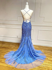 Backless Blue Lace Prom Dresses, Open Back Blue Lace Formal Graduation Dresses
