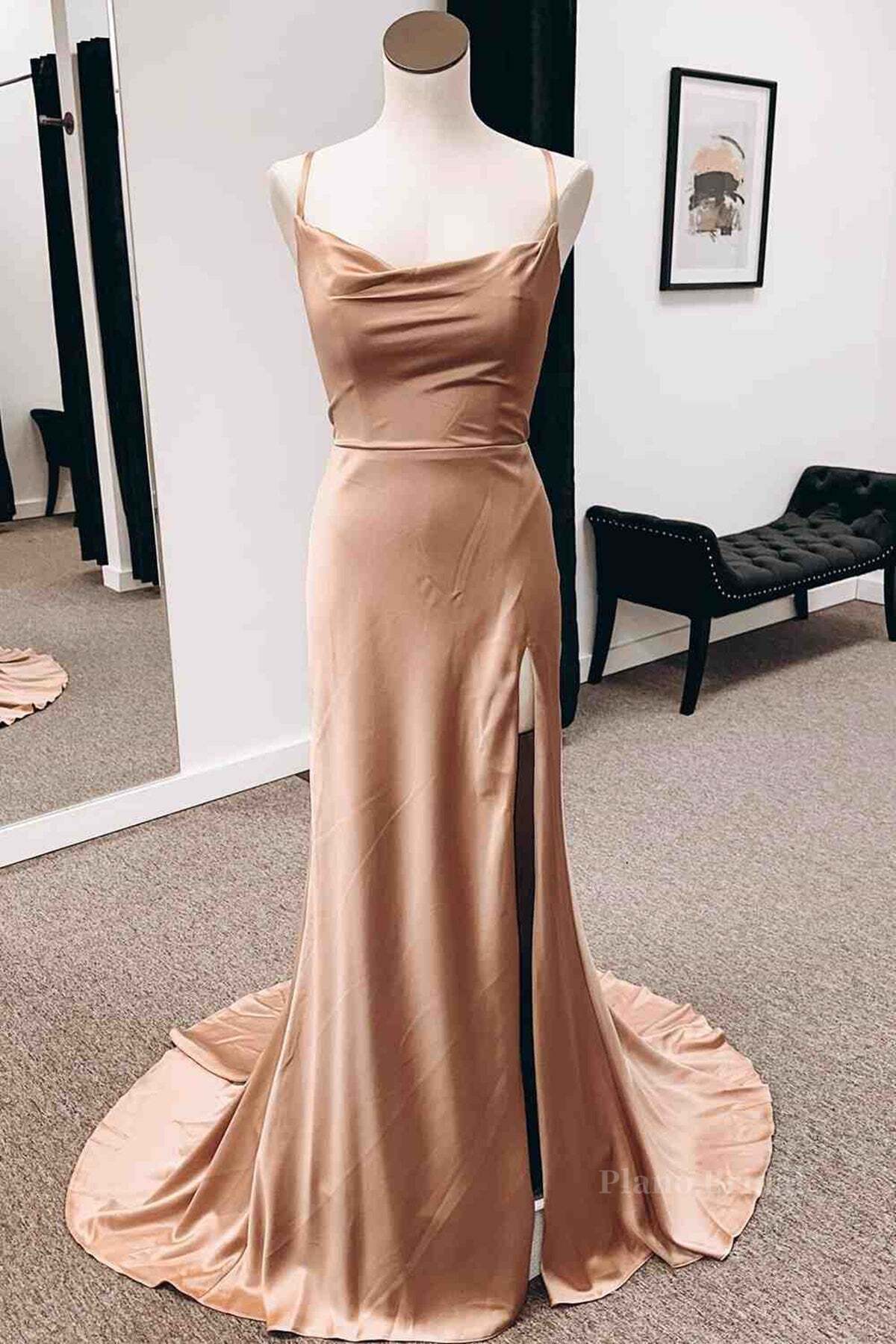 Backless Champagne Long Prom Dress with High Slit, Long Champagne Formal Graduation Evening Dress