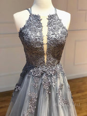 Backless Gray Lace Prom Dresses, Backless Gray Lace Formal Evening Graduation Dresses