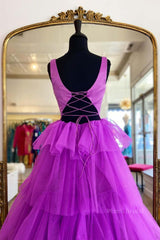Backless Purple High Low Prom Dresses, Open Back Purple High Low Formal Evening Dresses