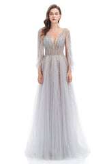 Backless V-neck Sequins Rhinestone Floor Length Prom Dresses