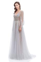 Backless V-neck Sequins Rhinestone Floor Length Prom Dresses