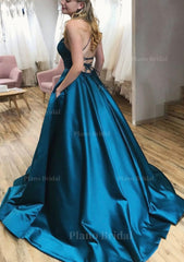 Ball Gown A Line Square Neckline Spaghetti Straps Sweep Train Satin Prom Dress With Pleated Pockets