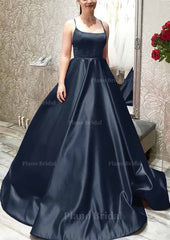 Ball Gown A Line Square Neckline Spaghetti Straps Sweep Train Satin Prom Dress With Pleated Pockets
