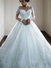 Ball Gown Bateau Court Train Tulle Wedding Dresses With Appliques Lace