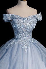 Ball Gown Blue Tulle Lace Long Party Dress, Off the Shoulder Evening Dress