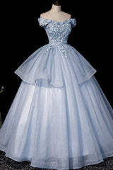 Ball Gown Blue Tulle Lace Long Party Dress, Off the Shoulder Evening Dress