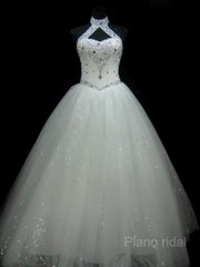 Ball Gown Halter Floor-Length Tulle Wedding Dresses With Beading