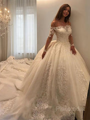 Ball Gown Off-the-Shoulder Cathedral Train Tulle Wedding Dresses With Appliques Lace