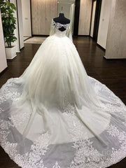 Ball Gown Off-the-Shoulder Cathedral Train Tulle Wedding Dresses With Appliques Lace