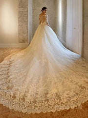 Ball Gown Off-the-Shoulder Cathedral Train Tulle Wedding Dresses With Beading