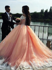 Ball Gown Off-the-Shoulder Court Train Tulle Prom Dresses With Appliques Lace