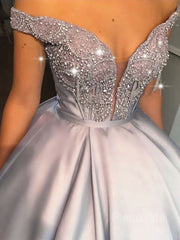 Ball Gown Off-the-Shoulder Floor-Length Satin Prom Dresses With Beading