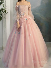 Ball Gown Off-the-Shoulder Floor-Length Tulle Prom Dresses With Flower