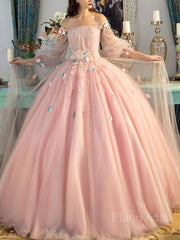 Ball Gown Off-the-Shoulder Floor-Length Tulle Prom Dresses With Flower