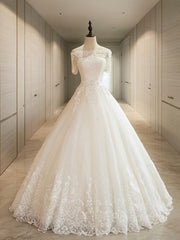 Ball Gown Off-the-Shoulder Floor-Length Tulle Wedding Dresses With Appliques Lace