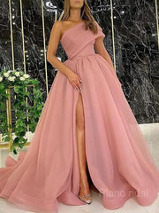 Ball Gown One-Shoulder Sweep Train Organza Prom Dresses With Leg Slit