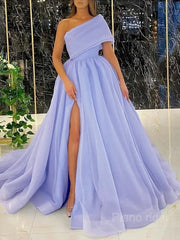 Ball Gown One-Shoulder Sweep Train Organza Prom Dresses With Leg Slit