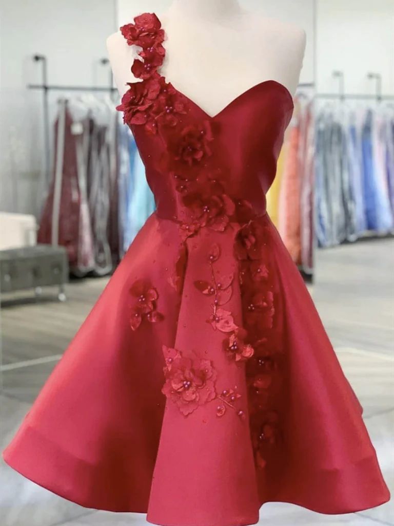 Ball Gown Red Hand-Made Flowers Satin One Shoulder Sleeveless Short Homecoming Dresses