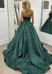 Ball Gown Sleeveless Scalloped Neck Sweep Train Satin Prom Dress With Pleated Pockets
