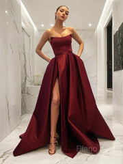 Ball Gown Strapless Sweep Train Satin Prom Dresses With Leg Slit