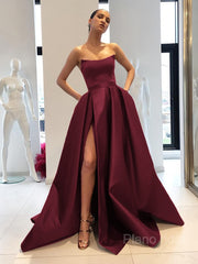 Ball Gown Strapless Sweep Train Satin Prom Dresses With Leg Slit