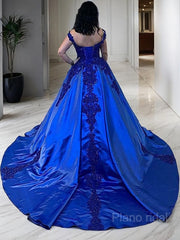 Ball Gown Straps Court Train Satin Evening Dresses With Appliques Lace
