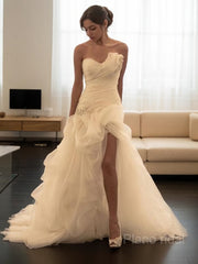 Ball Gown Sweetheart Sweep Train Organza Wedding Dresses With Leg Slit