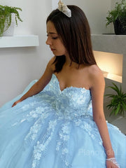 Ball Gown Sweetheart Sweep Train Tulle Prom Dresses With Appliques Lace