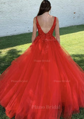Ball Gown V Neck Court Train Lace Tulle Prom Dress With Appliqued Beading