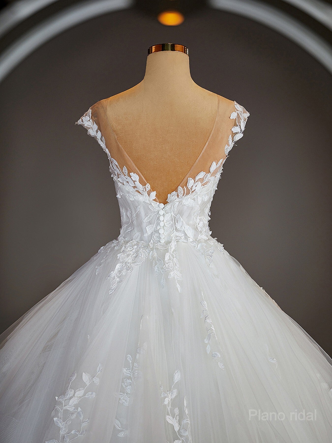Ball-Gown V-neck Court Train Tulle Wedding Dresses with Appliques Lace