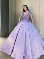Ball Gown V-neck Floor-Length Satin Evening Dresses With Beading