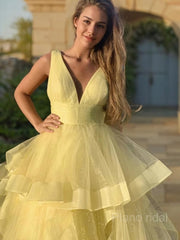 Ball Gown V-neck Floor-Length Tulle Prom Dresses With Pleated