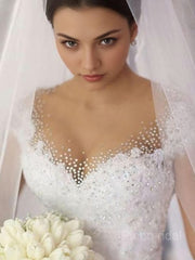 Ballkleid V-Ausschnitt bodenlange Tüll-Brautkleider mit Perlen