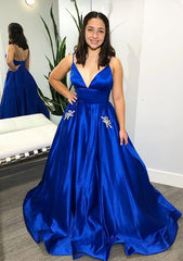 Ball Gown V Neck Spaghetti Straps Sweep Train Satin Prom Dress With Pockets Beading