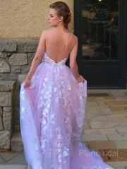 Ball Gown V-neck Sweep Train Lace Prom Dresses With Appliques Lace